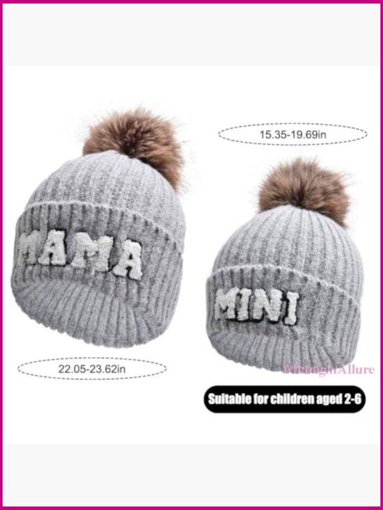 Parent-Child Beanie Hat Set Mama Mini Knitted Winter Pom Pom main image 5